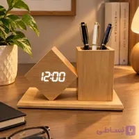 ساعت رومیزی دیجیتال و جاقلمی چوبی طرح مکعب لوزی