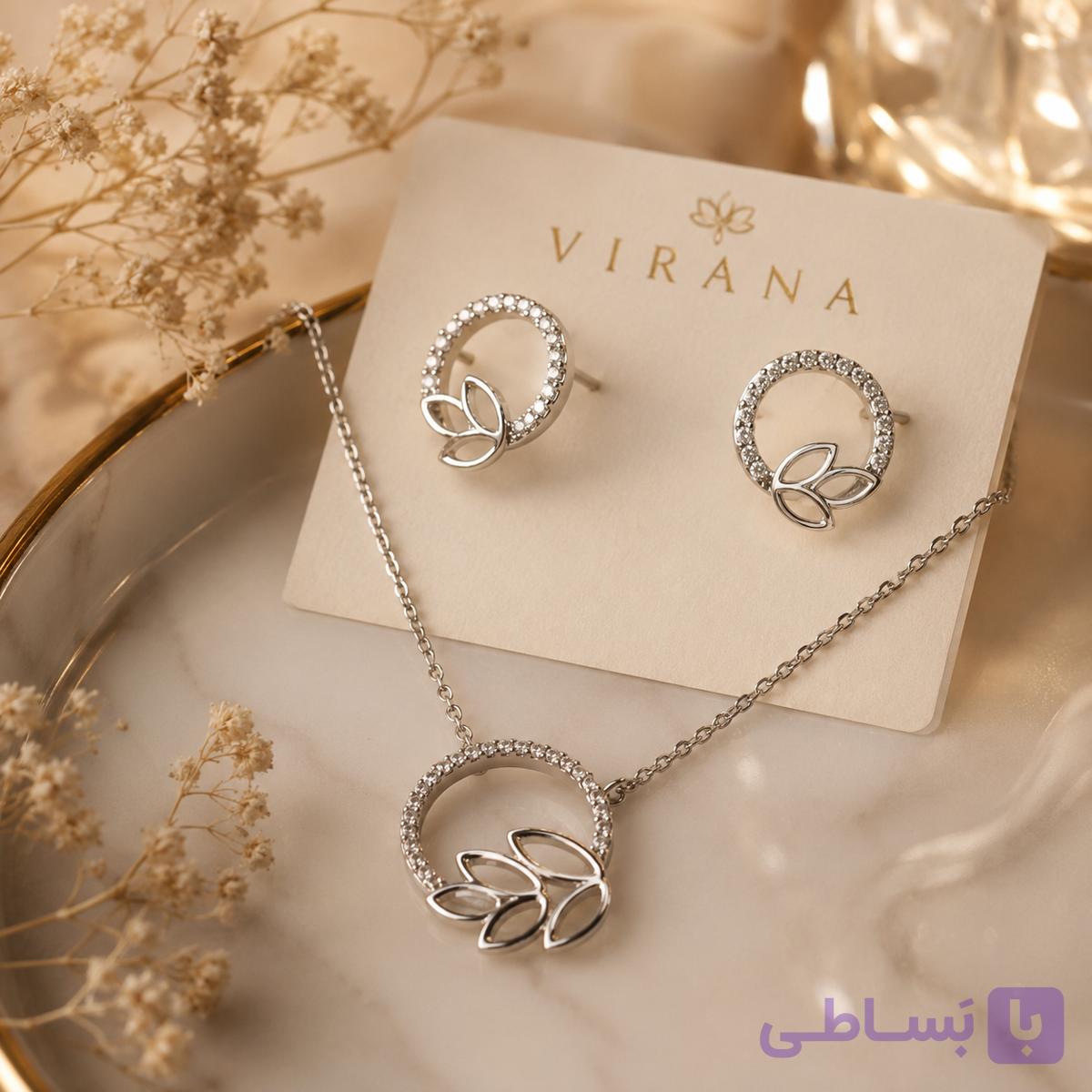 نیم ست زنانه استیل برگ و نگین نقره ای ضد حساسیت و رنگ ثابت کد S101