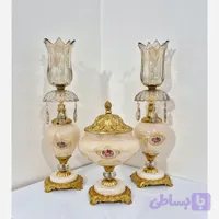 ست شمعدان و شکلات خوری پایه سنگی رنگ کاراملی / ست شمعدان و شکلات‌خوری لوکس