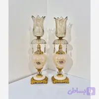 شمعدان رومیزی پایه سنگی رنگ کاراملی/ شمعدان رومیزی طلایی و آنتیک