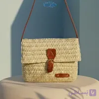 کیف زنانه حصیری دستبافت وارداتی رنگ کرمی با بند چرمی