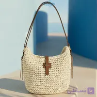 کیف حصیری زنانه دستبافت وارداتی کرمی با بند چرم قابل تنظیم