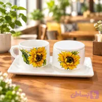 ست فنجان و قندان سرامیکی طرح گل آفتابگردان همراه سینی سرو