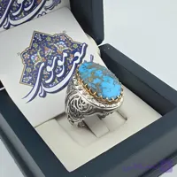 انگشتر مردانه نقره عیار ۹۵با سنگ فیروزه نیشابور شجری رکاب دست ساز شبکه وآینه کاری