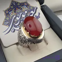 انگشتر مردانه نقره عیار ۹۲۵با سنگ عقيق یمنی سرخ کبدی مدل تاجی رکاب دست ساز قلم کاری