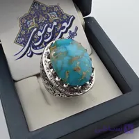 انگشتر مردانه با سنگ فیروزه شجری نیشابوری سبز حسینی رکاب دست ساز با۱۹ عددالماس مخراجی
