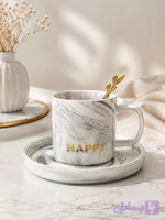 ست فنجان و نعلبکی سرامیکی طرح مرمر HAPPY همراه قاشق طلایی
