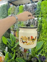 سطل روغن دسته دار لعابی طرح مزرعه و خروس