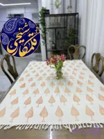 رومیزی قلمکار طرح سروی، زمینه کرم، چاپ دستی سنتی اصفهان، سایز ۱۰۰×۱۵۰