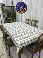 رومیزی چاپ قلمکار شیخی طرح بته سرکج سیاه قلم سایز ۱۳۵×۲۰۰