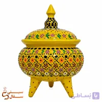 آجیل خوری سه پایه نقطه کوبی شده بزرگ (رنگ زرد خردلی، درب دار و ضد آب)