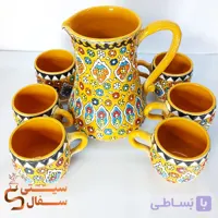 ست پارچ و لیوان میناکاری زرد خردلی سفالی (لعاب کوره‌ای اصل و قابل استفاده روزمره)