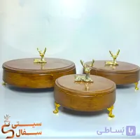 ست پذیرایی سنگ مصنوعی ۳ تایی گرد طرح چوب و گوزن طلایی با پایه فلزی