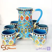 ست پارچ و لیوان میناکاری آبی سفالی (لعاب کوره‌ای اصل و قابل استفاده روزمره)