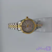 ساعت مچی زنانه مدل کلاسیک طرح رولکس نگین‌دار دو رنگ با صفحه صورتی صدفی