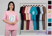 ست تیشرت و شلوار نخ پنبه طرح یونیکورن سوپر سایز