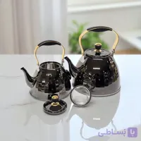ست کتری قوری  تمام استیل مشکی طلایی کنارهمی