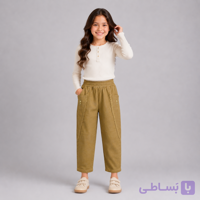 شلوار مام فیت دخترانه شتری روشن گلدوزی‌دار با تزیین گیپور