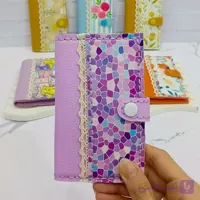 کیف پول جیبی چرمی یاسی نوار کنفی دار با آویز الماس دست دوز