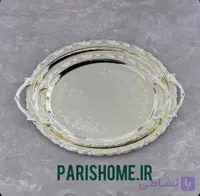 ست سینی پذیرایی استیل (سیلور)دو‌تیکه بیضی گل دور طلایی کد 24001 Zew Home