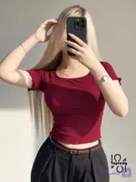 کراپ تیشرت یقه خشتی دخترانه کبریتی نرم و لطیف کد ۵۵