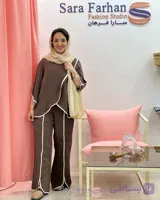 ست دو تیکه زنانه سیلک مغزی‌دوزی سفید لاله (شومیز و شلوار بگ چاک‌دار)