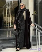 مانتو  زنانه مشکی مخمل عبایی جواهردوزی کد ۱ گل سفید