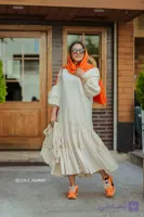 پیراهن زنانه دخترانه لینن بلند چین دار یراق دار استین مچ کشی و یراق دار