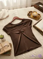 تیشرت زنانه H&M قهوه‌ای – مدل یقه هفت و چین‌دار | سایز S