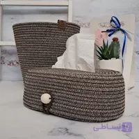 کاور دستمال کاغذی و کاور سطل قیطان‌دوزی قهوه‌ای کد 134