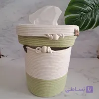 ست سطل و کاور دستمال کاغذی قیطان دوزی دو رنگ سبز و کرم