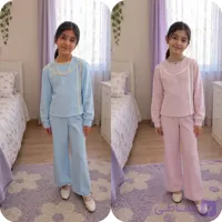 ست دخترانه مجلسی شومیز نواردوزی شده با شلوار جنس کرپ مازراتی گرم بالا با دوخت بسیار تمیز سایز ۴۰ تا ۶۰