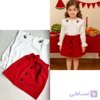 ست دخترانه شومیز یقه گلدوزی و دامن پاپیونی یلدایی