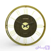 ساعت دیواری آرتمیس مدل 30220 گرد فلزی طلایی با اعداد یونانی برجسته، صفحه شیشه‌ای و موتور بی‌صدا