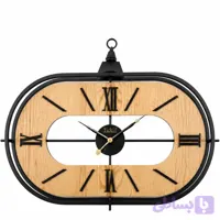 ساعت دیواری چوب و فلز تیک مدل 480Y با طراحی بیضی، چوب بلوط و اعداد رومی
