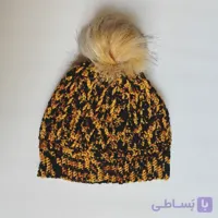 کلاه بافتنی دستبافت رنگ مشکی و زرد منگوله دار