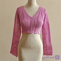 بلوز قلاب‌بافی دست‌ساز زنانه مدل صدفی | بلوز توری رنگ صورتی