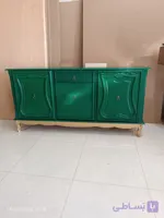 کنسول جدید مدرن لوکس نئوکلاسیک سبز زمردی با پایه چوبی طلایی و نقش‌ونگار کلاسیک`مدل412