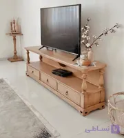 میز تلویزیون چوب بلوط طبیعی مدل 201 با ستونهای خراطی تراش خورده دستی مقاوم در 2سایز و7رنگ