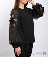 شومیز ترک مشکی آستين پفی گل برجسته چرم