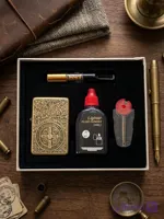 پک هدیه ۴ تکه فندک بنزینی طرح زیپو لایتر (LIGHTER) طرح برگ برجسته با چوب سیگار و بنزین در دو رنگ | فروشگاه بارزار