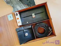ست چرمی مردانه ۴تکه (کیف کارت ۴لت، کیف کتی ۳لت، کمربند چرخشی، فندک جاکلیدی)