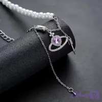 گردنبند دخترانه آویز دار قلب زحل نگین کریستال بنفش مروارید صورتی
