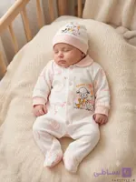 سرهمی نوزادی نخی دکمه دار طرح بره و جوجه مدل Little Lamb رنگ صورتی (سایز 0 تا 6 ماه)