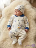 سرهمی نوزادی نخی دکمه دار طرح بره کوچولو مدل Little Lamb رنگ آبی (سایز 0 تا 6 ماه)