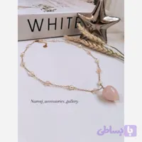 گردنبند سنگ طبیعی کوارتزصورتی و مروارید شل + آویز اشکی با تراش خاص از سنگ کوارتزصورتی
