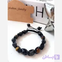 دستبند مردانه سنگ طبیعی چشم ببر، اونیکس و لاوا بافت مکرومه نوار چرمی