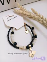 دستبند زنانه سنگ طبیعی دلربا سرمه ای و سنگ صدف تراش خاص