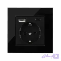 پریز برق توکار ارت‌دار با شارژر یو‌اس‌بی USB و تایپ سی Type-C مشکی براق شیشه‌ای
