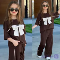 ست دخترانه پاپیون تیشرت شلوار قهوه‌ای سایز۴۵